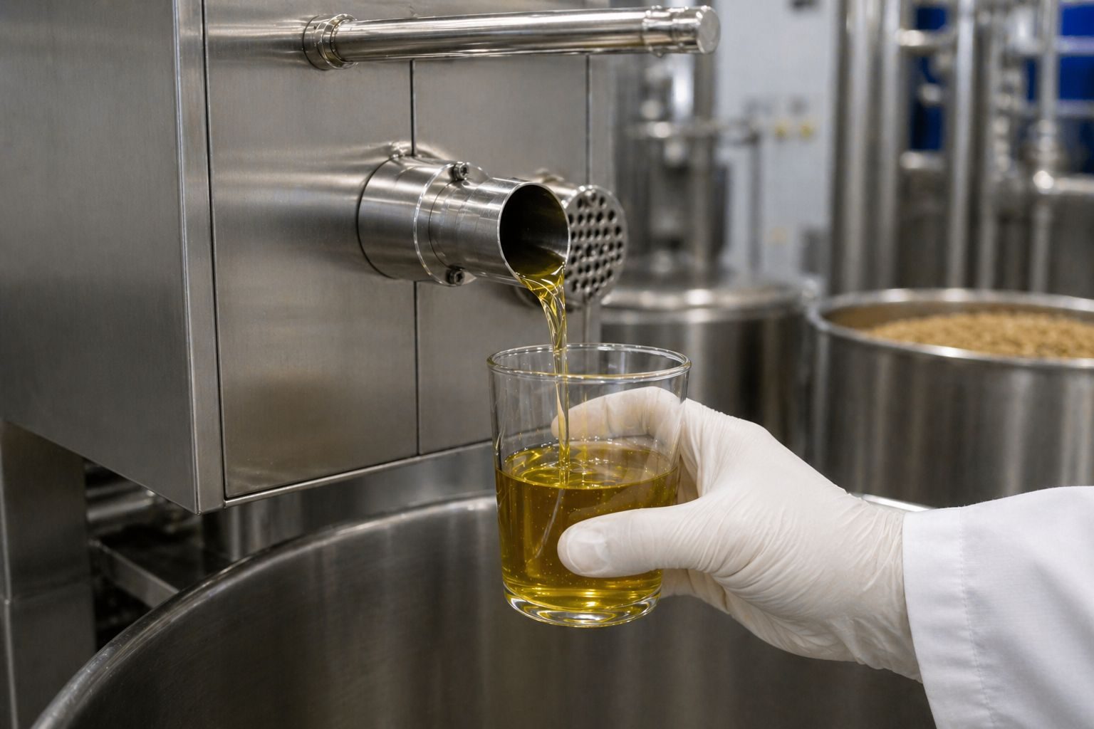 Frisch gepresstes Öl fließt aus der Kaltpresse in ein Glas